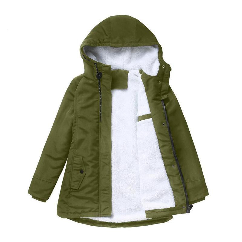 Women's hooded winter coat with contrasting lining and zip front