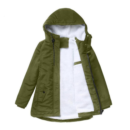 Women's hooded winter coat with contrasting lining and zip front