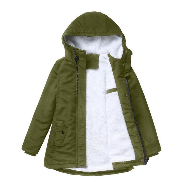 Women's hooded winter coat with contrasting lining and zip front