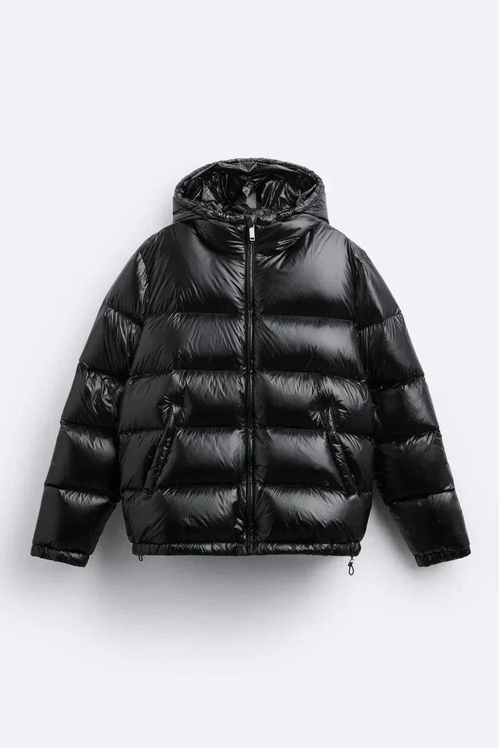 Hooded quilted puffer jacket with zipper and side pockets