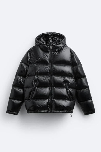 Hooded quilted puffer jacket with zipper and side pockets