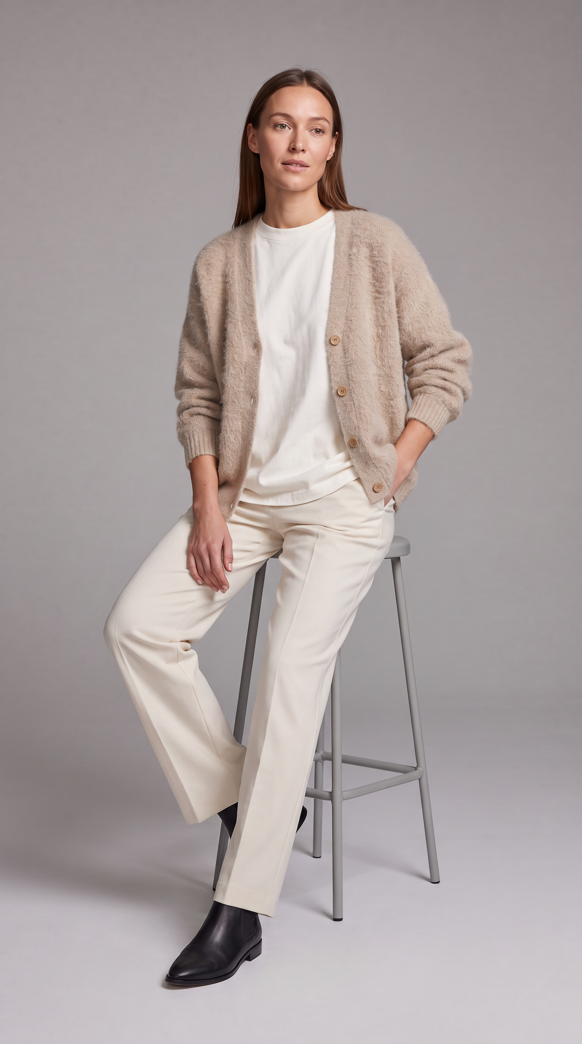 Women's beige fluffy knit cardigan with V-neck and button front
