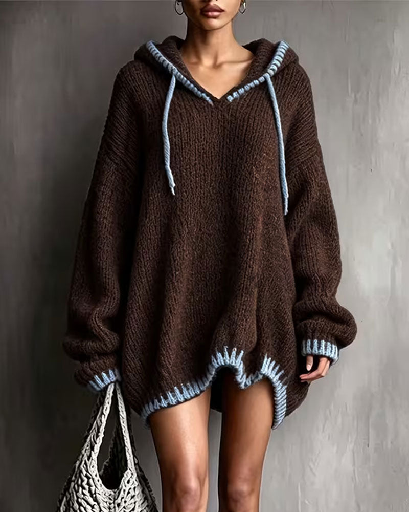Women's brown hooded knit sweater dress with contrast trim and long sleeves