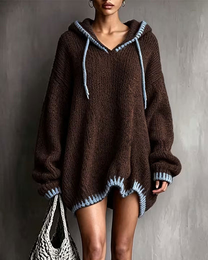 Women's brown hooded knit sweater dress with contrast trim and long sleeves