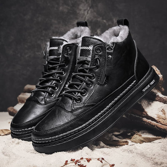 Men's lace-up ankle boots with plush-looking lining, side zipper and flat sole