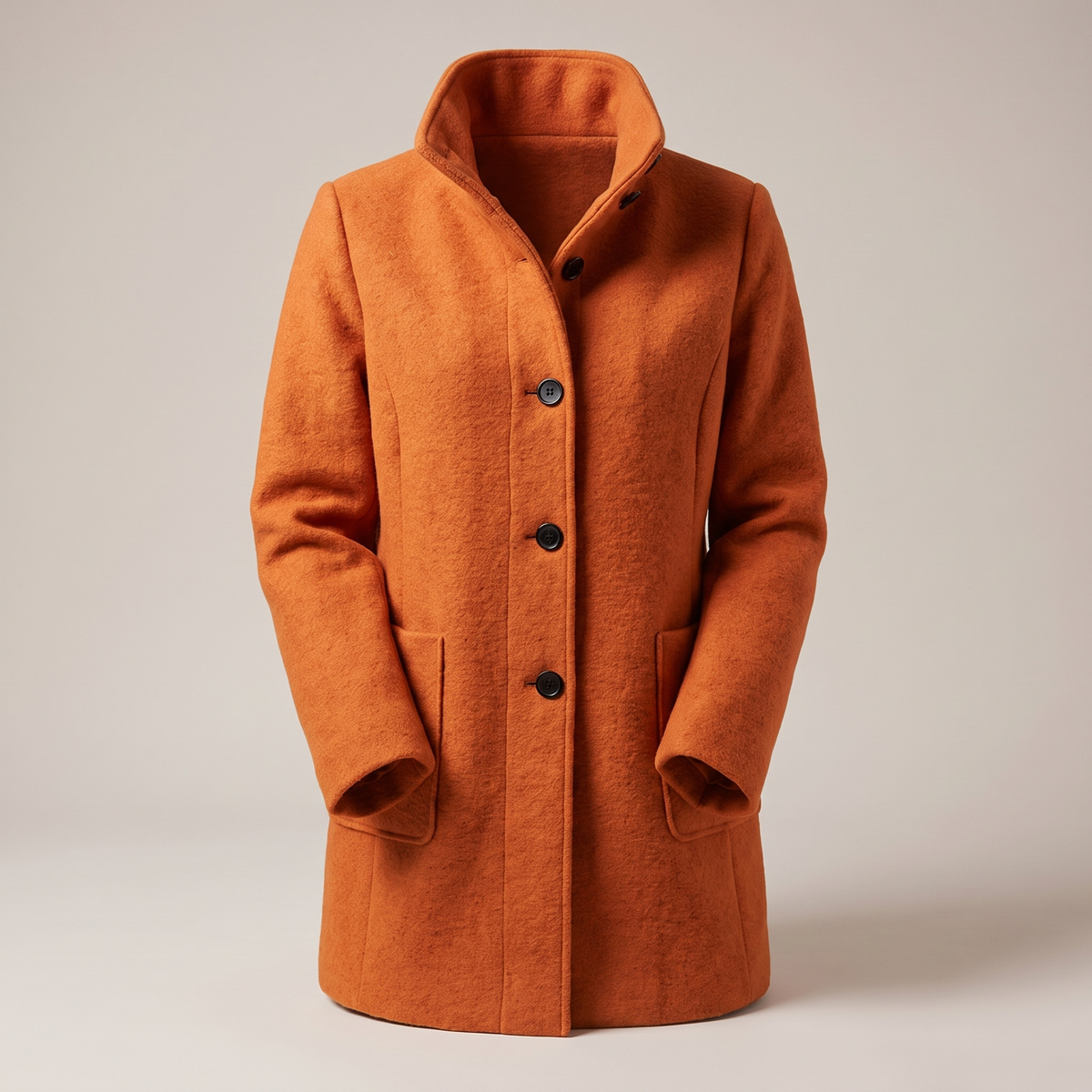 Women's longline trench coat with stand collar, button front and patch pockets