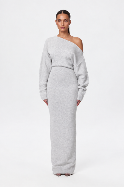 Women's asymmetric off-shoulder knit maxi dress with long sleeves