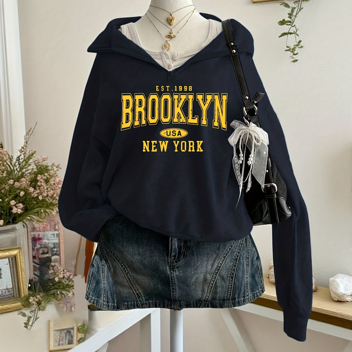 Women's Brooklyn graphic hoodie with hood and partial zipper