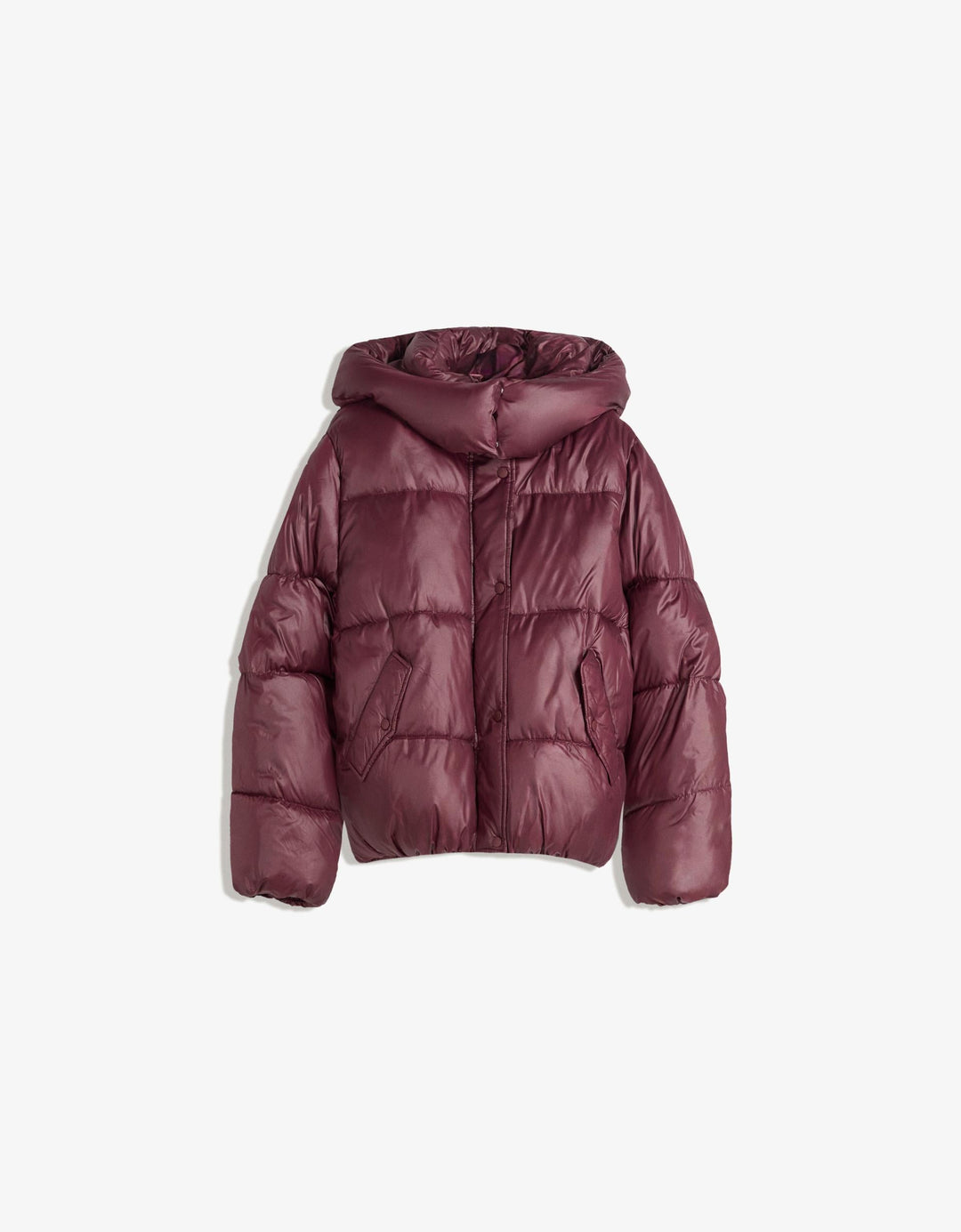 Women's burgundy quilted hooded puffer jacket with snap front and front pockets