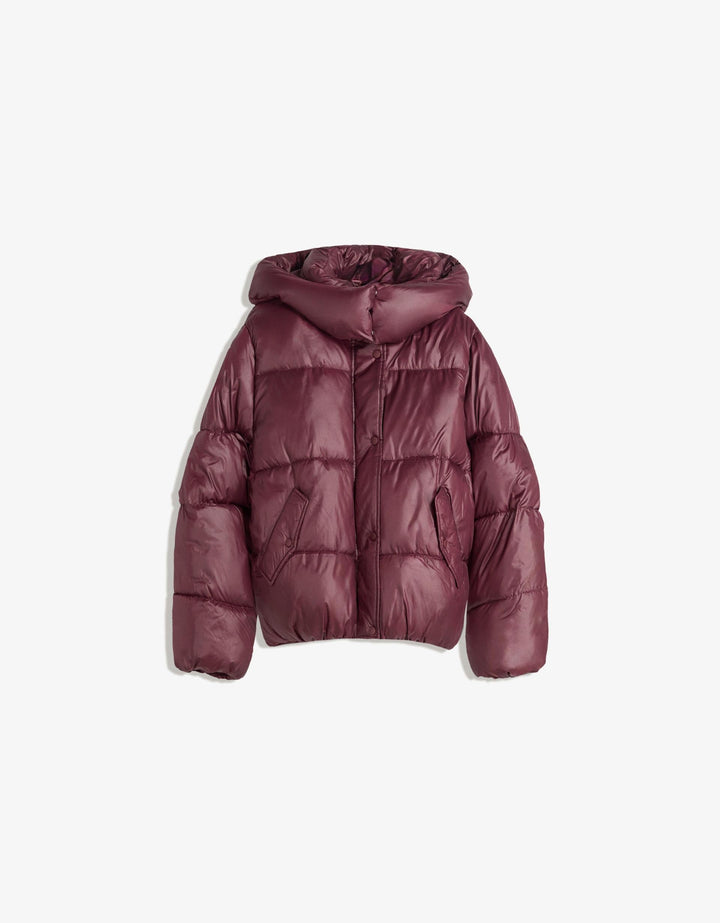 Women's burgundy quilted hooded puffer jacket with snap front and front pockets