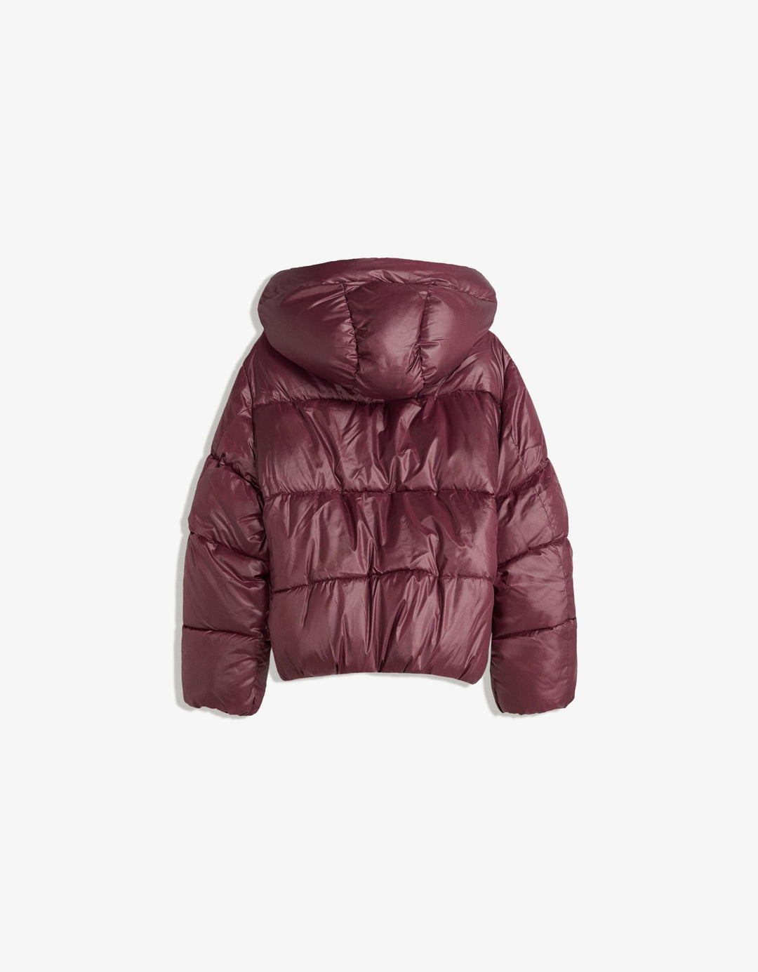 Women's burgundy quilted hooded puffer jacket with snap front and front pockets