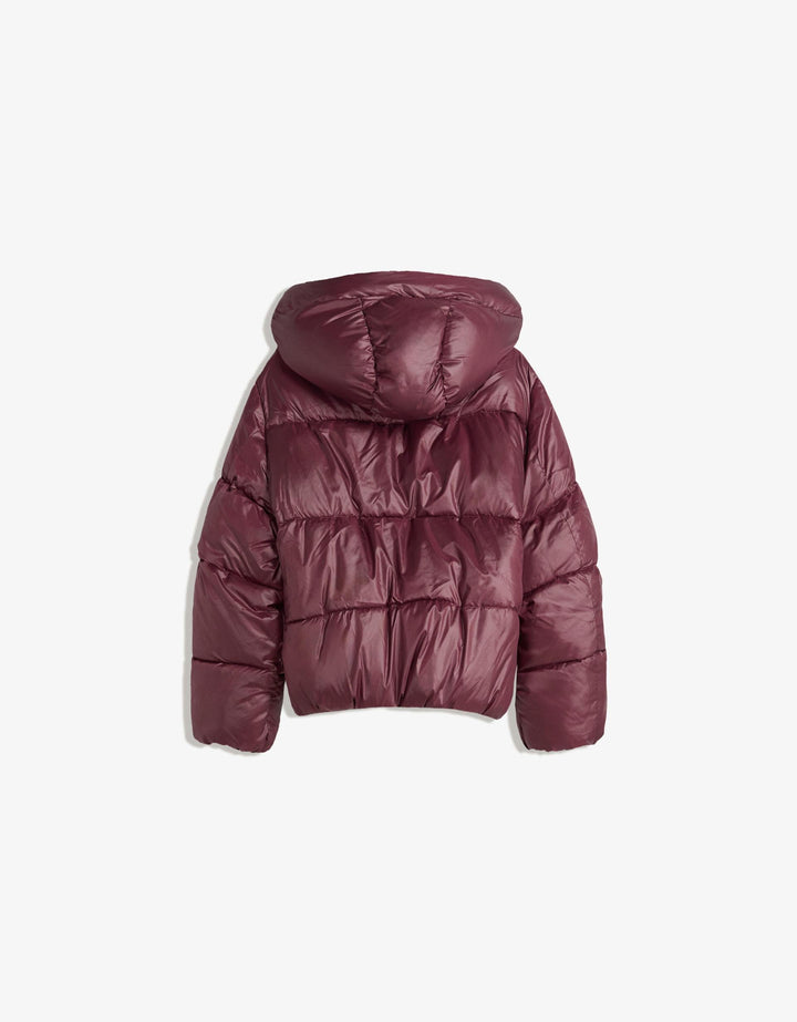 Women's burgundy quilted hooded puffer jacket with snap front and front pockets