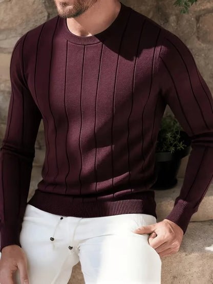 Men's long-sleeve ribbed crew neck sweater with vertical panels