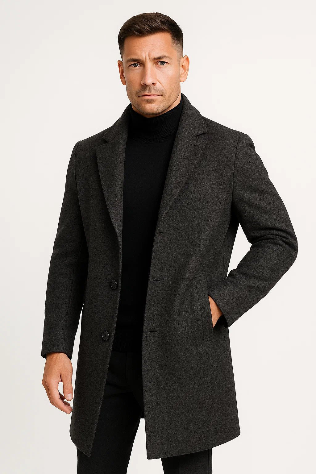 Men's long trench coat with notched lapels, button front and side pockets