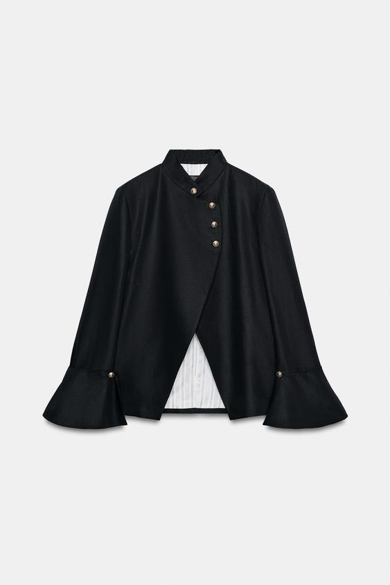 Women's cropped jacket with mandarin collar, button front and flared sleeves