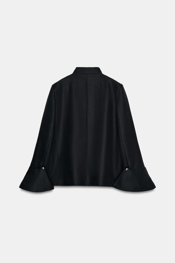 Women's cropped jacket with mandarin collar, button front and flared sleeves