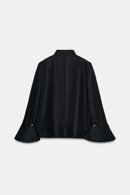 Women's cropped jacket with mandarin collar, button front and flared sleeves
