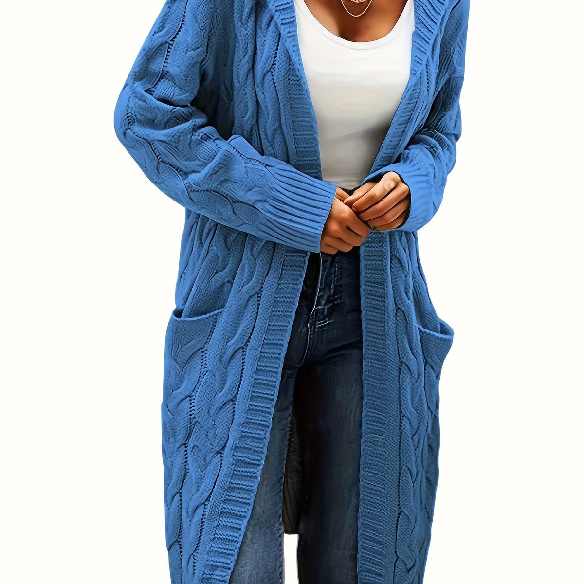 Women's long textured cable knit cardigan with open front and patch pockets
