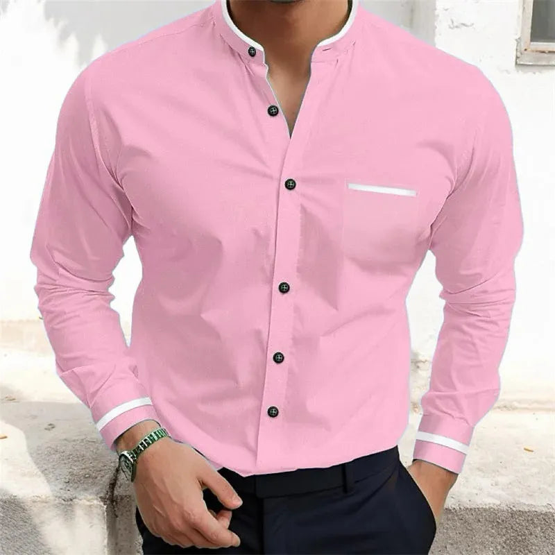 Men's long-sleeve grandad collar shirt with contrast trim and chest pocket