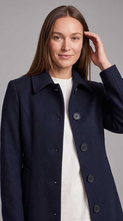 Women's fit and flare trench coat with pointed collar and button front