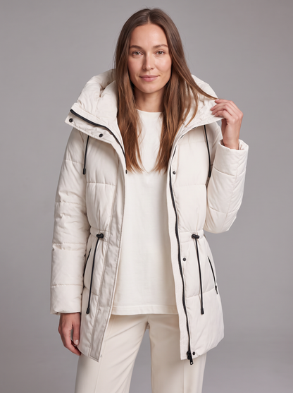 Women's beige quilted hooded puffer coat with drawstring waist and front pockets