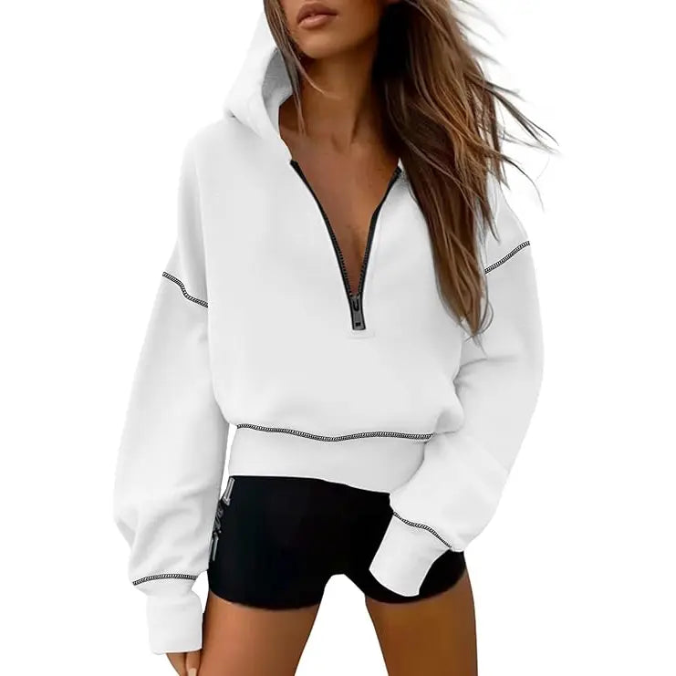 Women's cropped hooded sweatshirt with half zip and contrast stitching