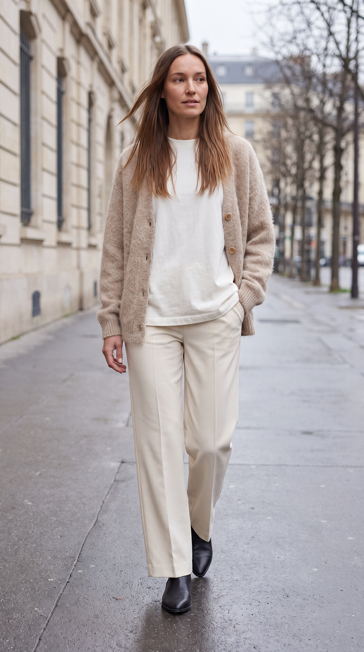 Women's beige fluffy knit cardigan with V-neck and button front