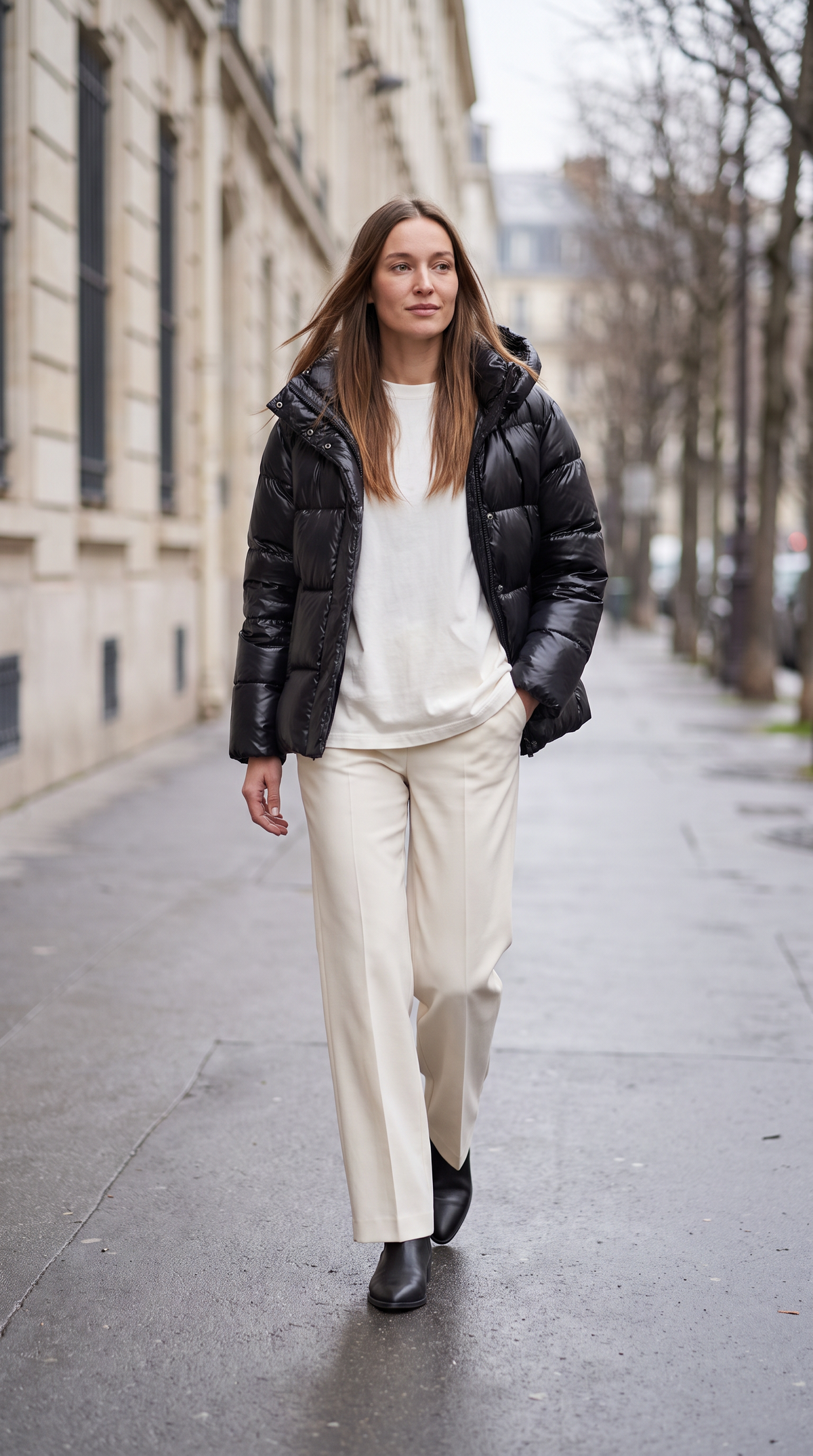 Women's hooded quilted puffer coat with long sleeves and zip front