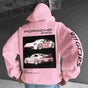 Oversized hooded sweatshirt with Porsche car graphics and printed sleeves