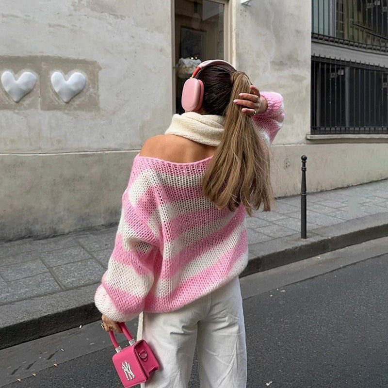 Women's loose striped sweater with long sleeves and wide neckline