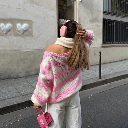 Women's loose striped sweater with long sleeves and wide neckline
