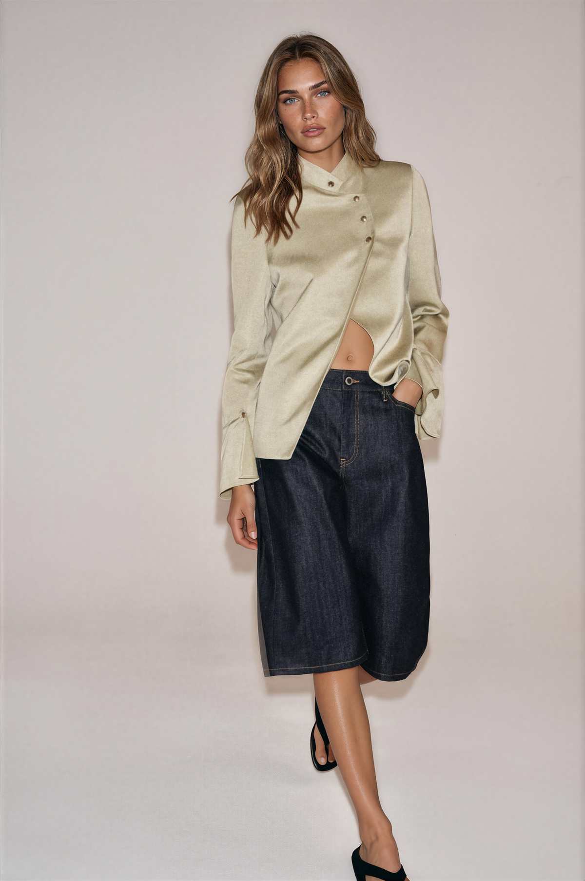 Women's cropped jacket with mandarin collar, button front and flared sleeves