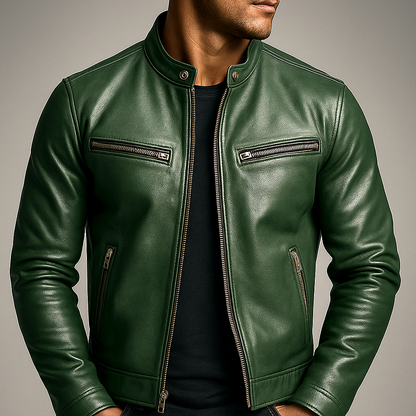Men's leather biker jacket with standing collar and zip pockets