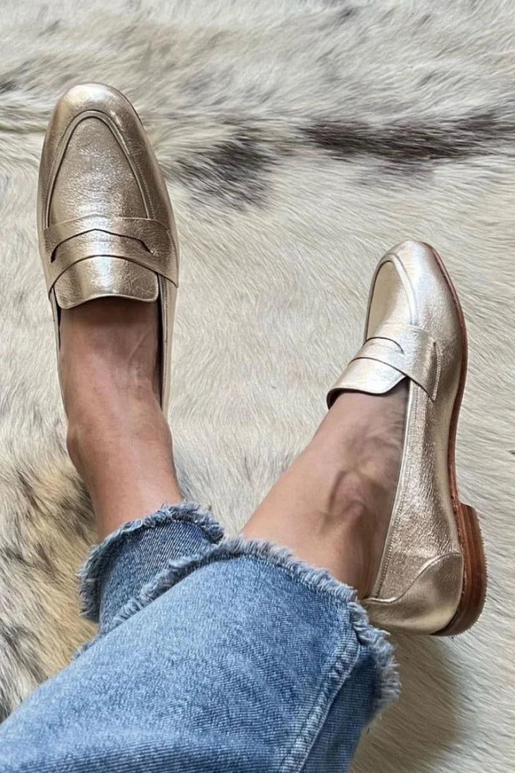 Women's gold metallic round-toe loafers with layered vamp detail