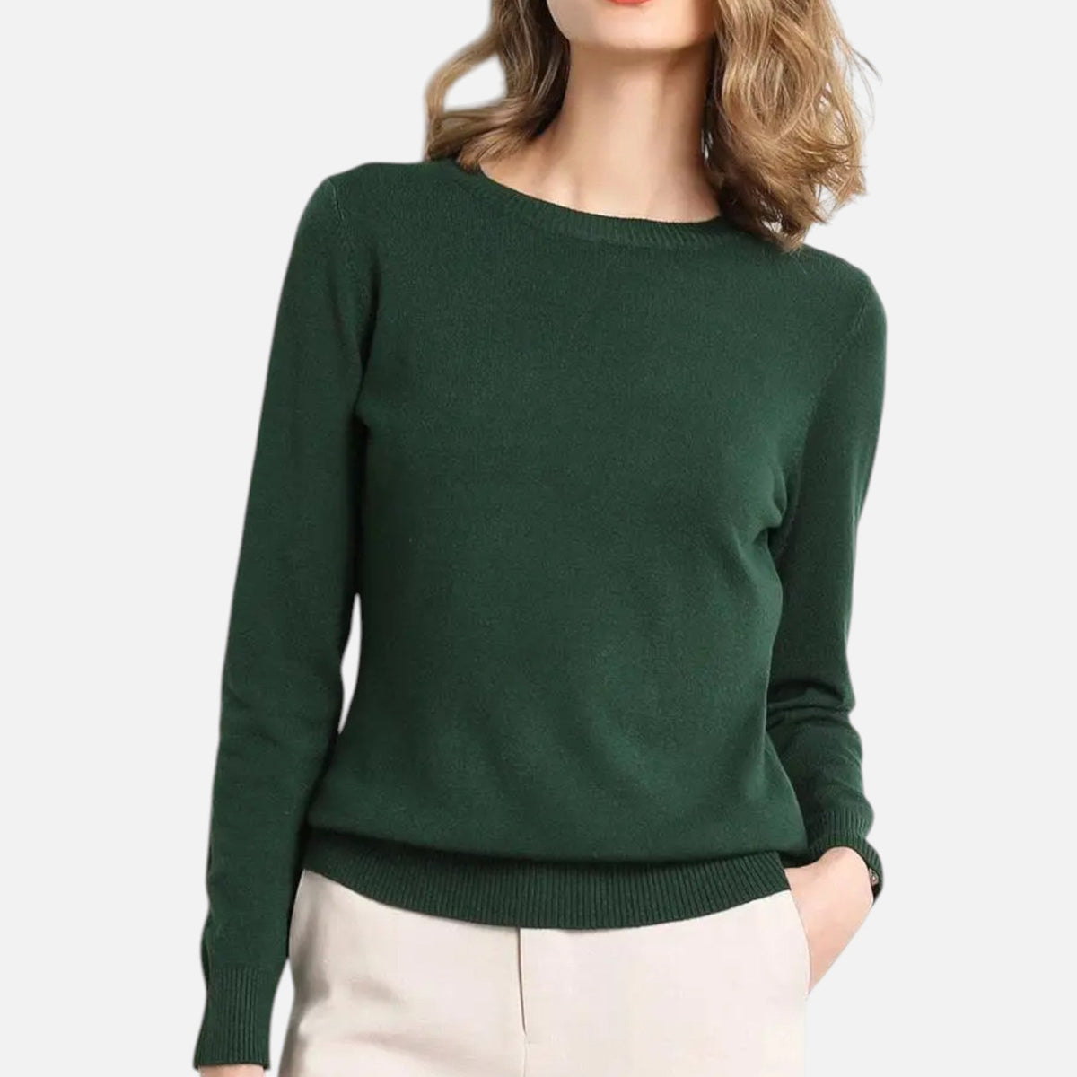 Women's lightweight crewneck sweater with long sleeves and ribbed trims