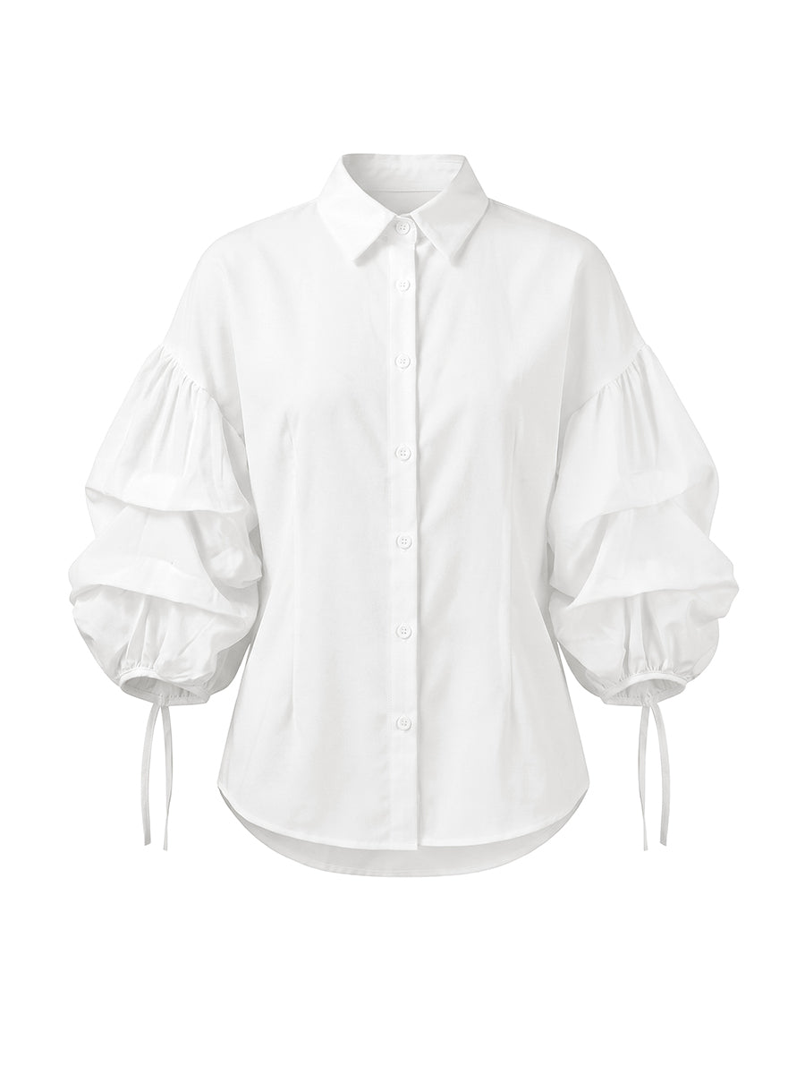Women's puff sleeve button blouse with tied lapel collar in black