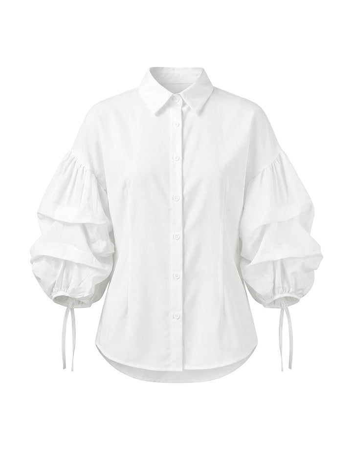 Women's puff sleeve button blouse with tied lapel collar in black
