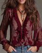 Women's paisley blouse with ruffled V-neck and long sheer sleeves