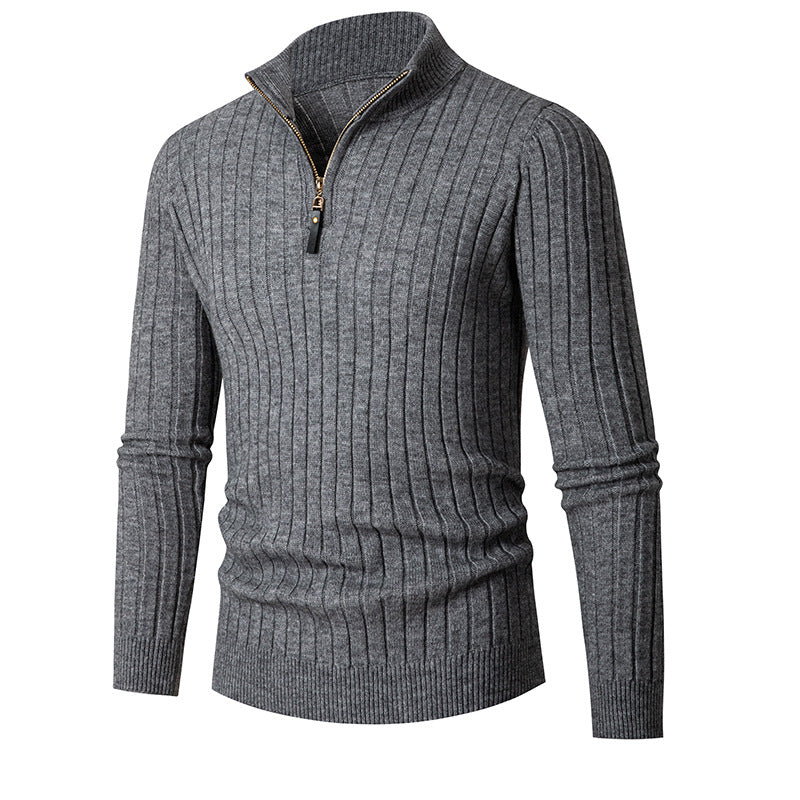 Men's ribbed quarter-zip sweater with mock neck and long sleeves