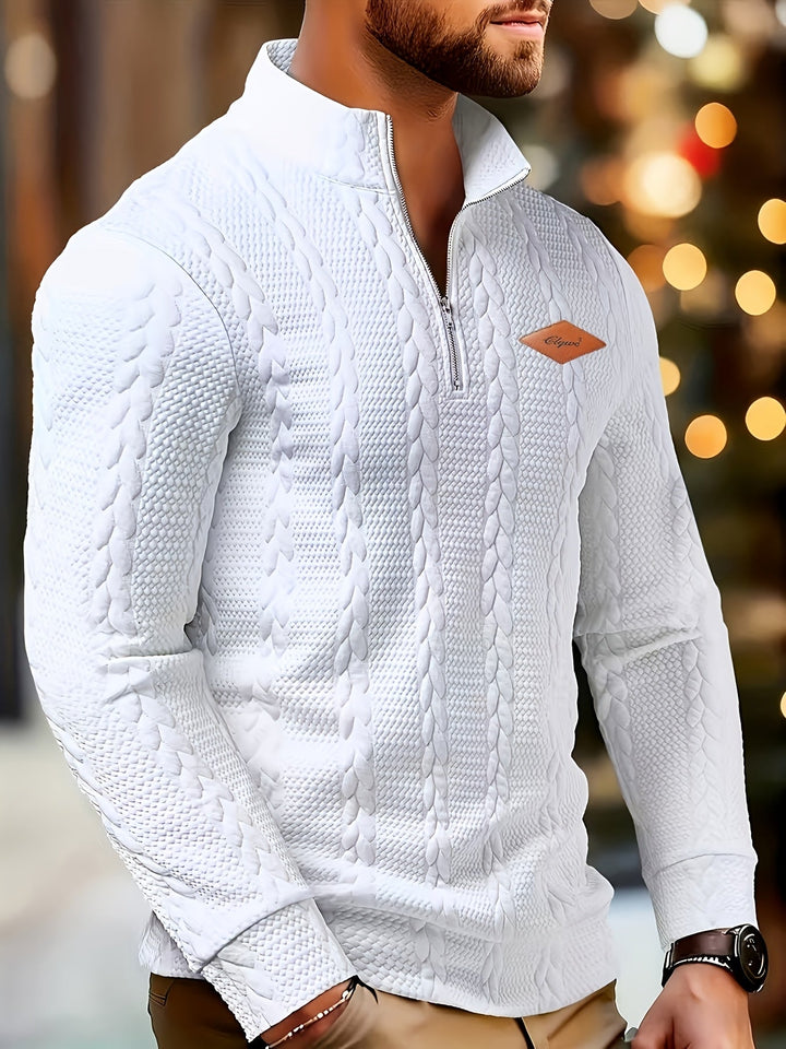 Men's textured cable knit quarter-zip sweater with stand collar