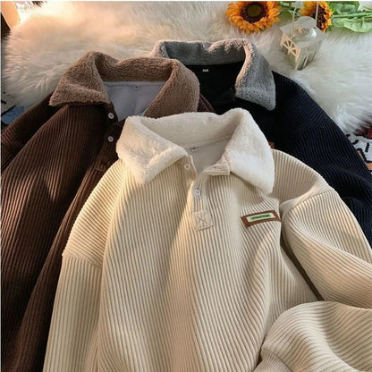 Men's ribbed polo jumper with contrasting fleece collar and long sleeves