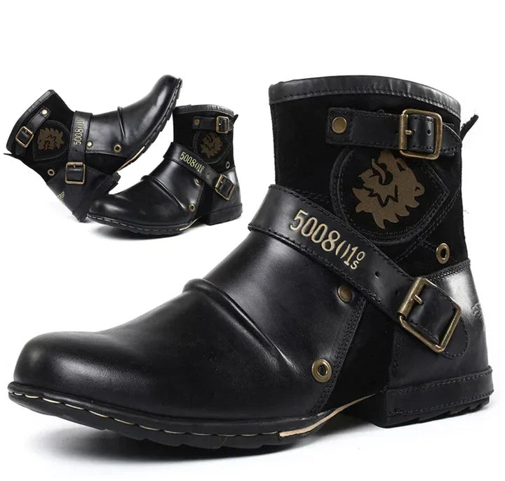 Men's ankle biker boots with multiple buckle straps