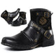 Men's ankle biker boots with multiple buckle straps