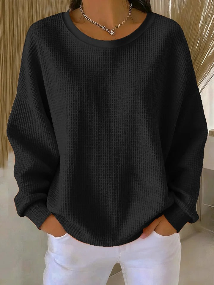 Women's textured crew neck sweater with long sleeves and ribbed trims