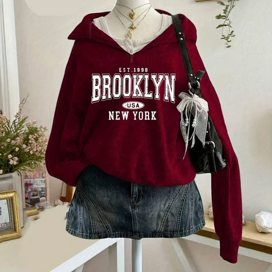 Women's Brooklyn graphic hoodie with hood and partial zipper