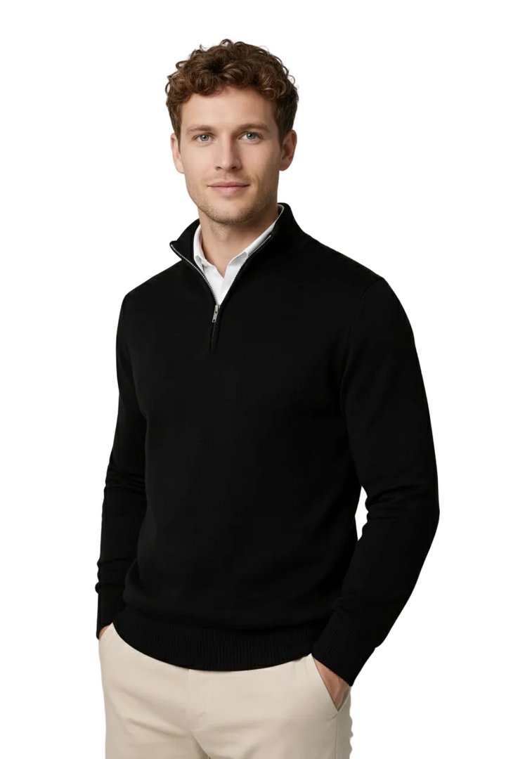 Men's half-zip sweater with mock neck and ribbed trims