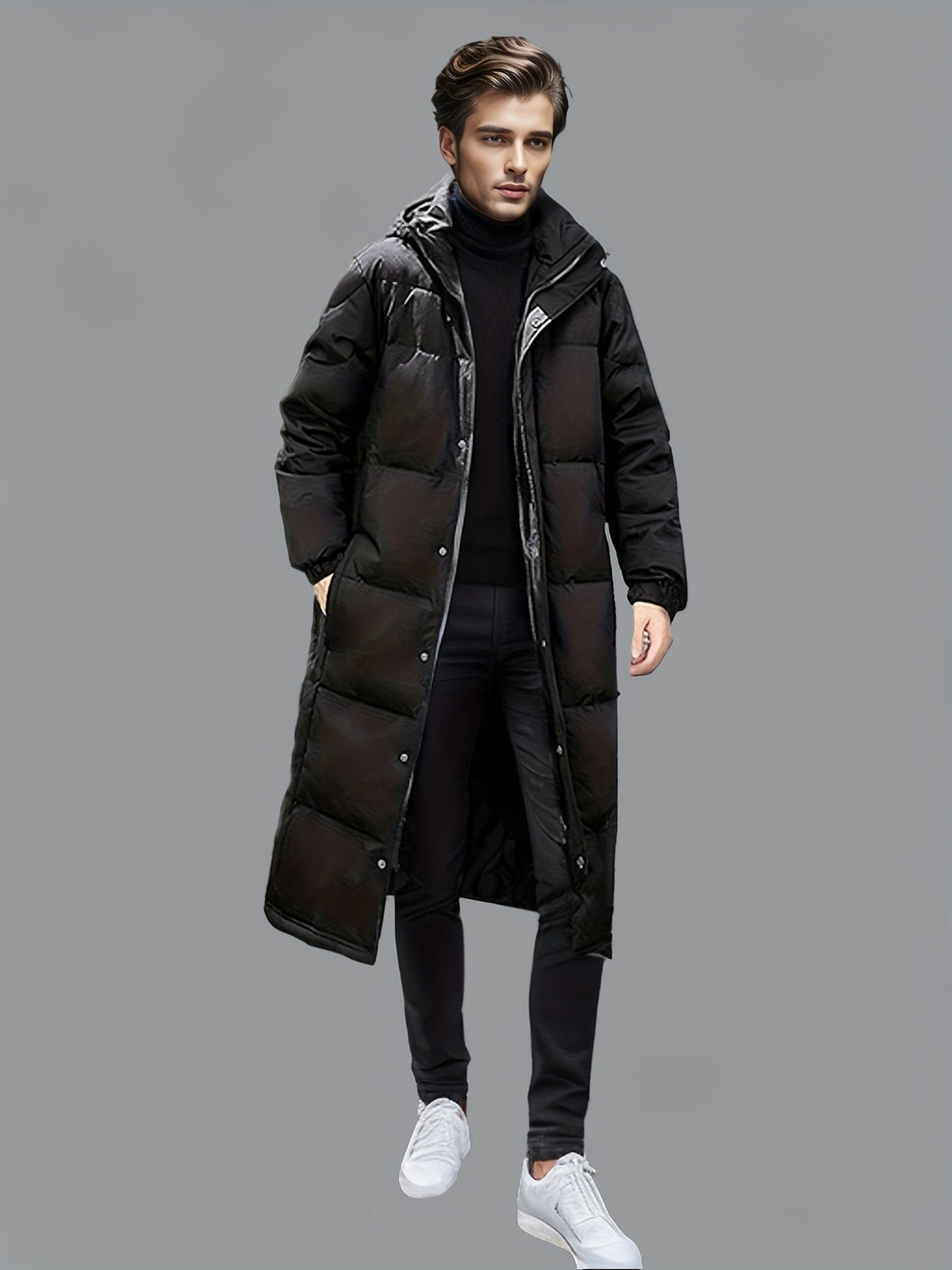 Men's black long hooded puffer coat with quilted panels and zip front