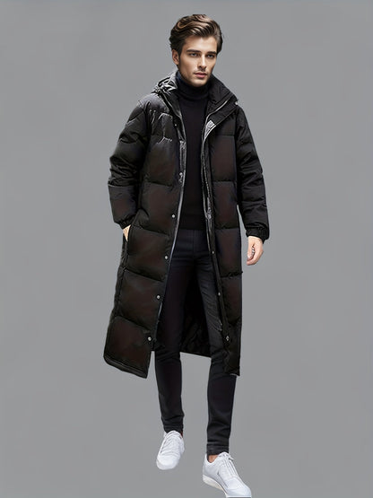Men's black long hooded puffer coat with quilted panels and zip front