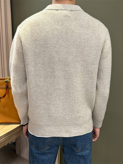Men's ribbed knit polo sweater with point collar and long sleeves