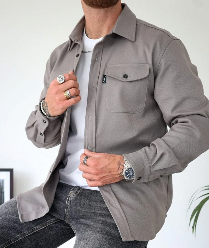 Men's long sleeve shirt jacket with collar and two chest pockets